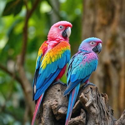 The image features two colorful parrots perched on a tree branch. The parrots are vibrant and eye-catching, with one being predominantly red and the other predominantly blue. The setting is a lush green forest, providing a natural and serene backdrop for the birds. The visual style of the image is a close-up of the parrots, showcasing their vivid colors and details. The overall atmosphere of the image is one of beauty and harmony, as the two